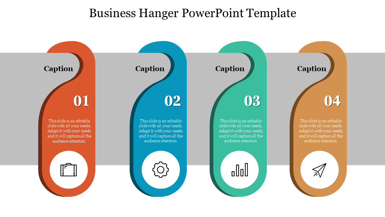 Four colorful hanger-shaped segments with numbered caption areas, each displaying an icon for business-related content.