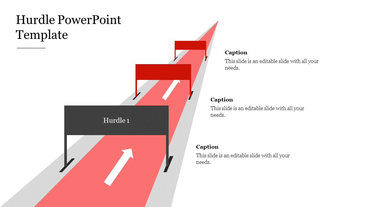 An orange track with black and red hurdles and white arrows, representing progress through obstacles, with three captions.