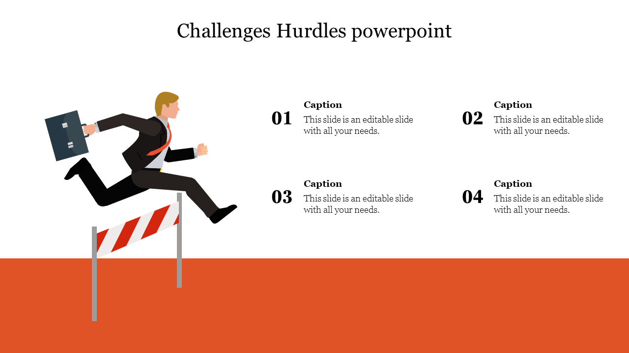 Illustration of a businessman jumping over a hurdle with space for four text captions.