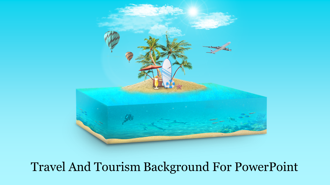 Travel and tourism PowerPoint background slide with a beach island, balloons, and an airplane in a bright blue sky.