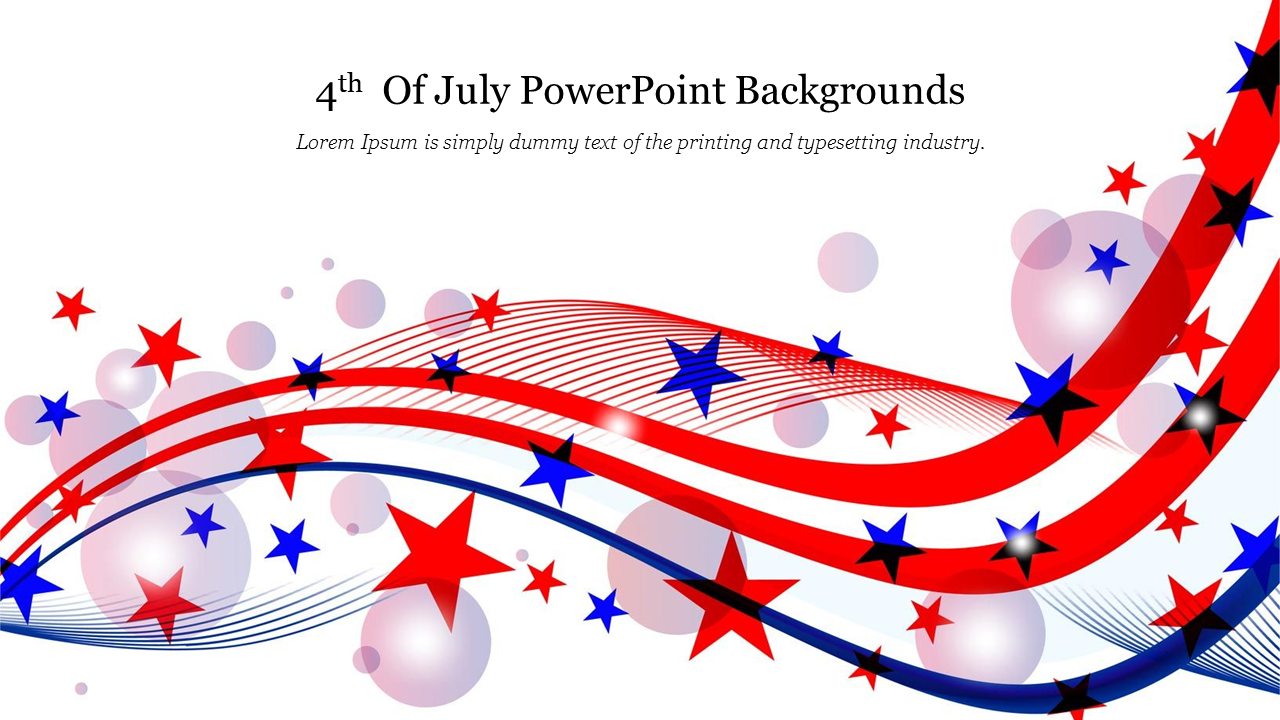 Abstract slide design of 4th july with vibrant red and blue stars along with flowing red, white, and blue ribbons with text area.