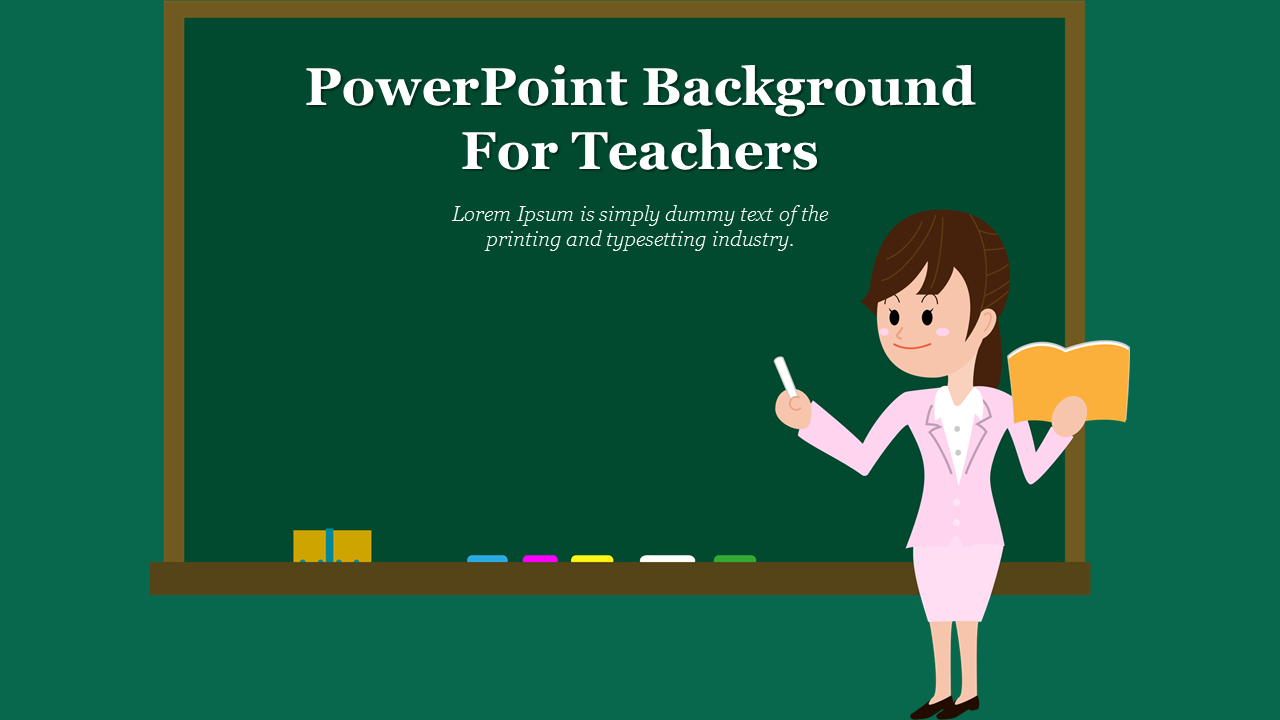 Illustration of a teacher in pink dress standing beside a chalkboard with the heading written in large white text.