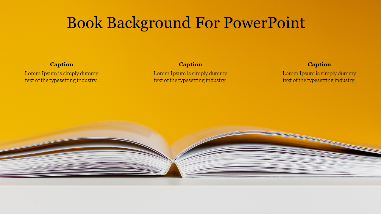 Open book with curved pages against a yellow background, with three caption areas above.