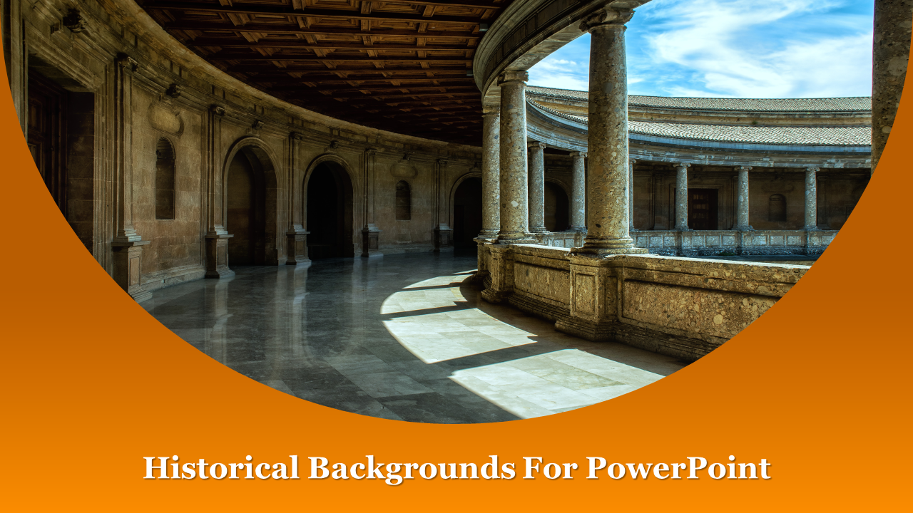 PowerPoint slide with a historical building scene, featuring a corridor with pillars and a warm orange gradient overlay.