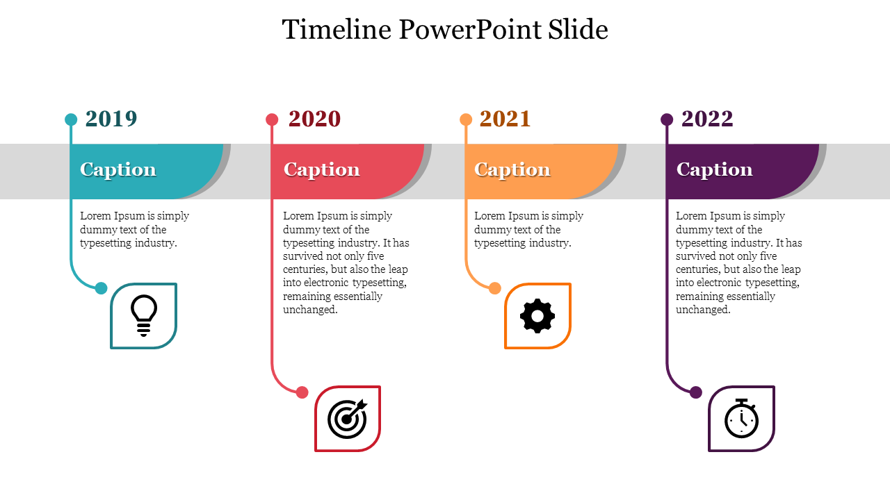 Four-step timeline with milestone years from 2019 to 2022, each featuring icons for lightbulb, target, gear, and stopwatch.