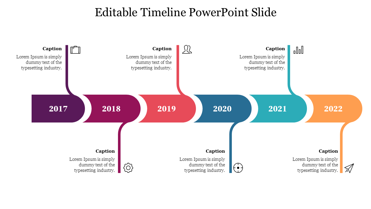 Five year timeline with curved arrows in purple, pink, red, blue, teal, and yellow, each with an icon and caption beneath.