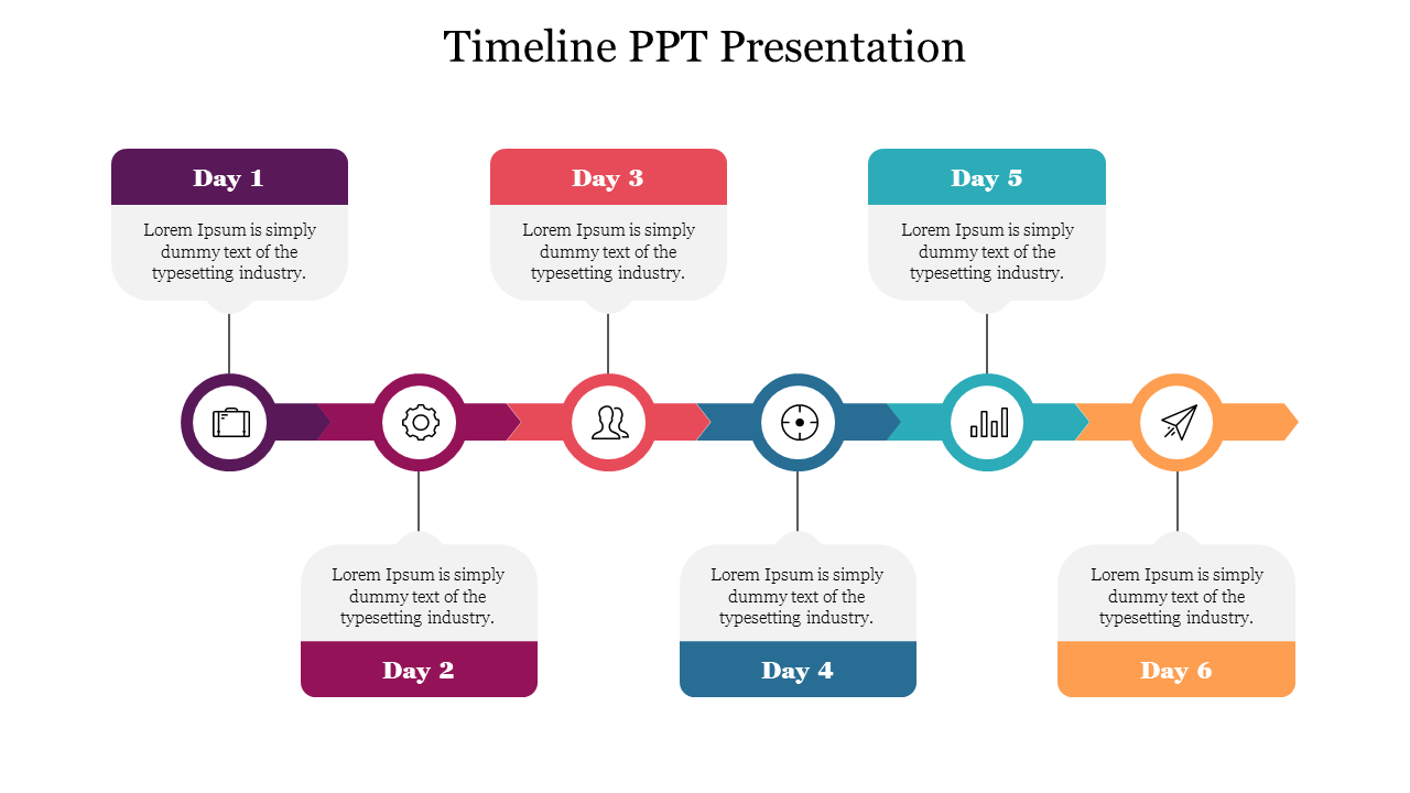 Slide featuring a timeline design with sections for each day, including days 1 to 6, and placeholders with color coded icons.