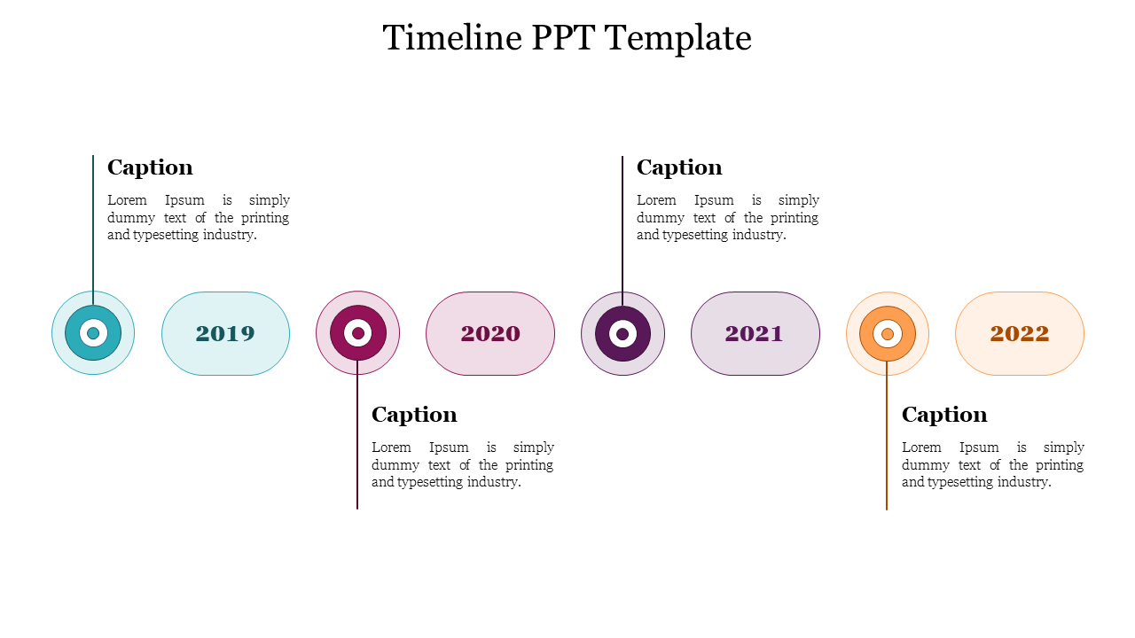 Clean and colorful timeline template showing the years 2019 to 2022 in a circular design with captions.