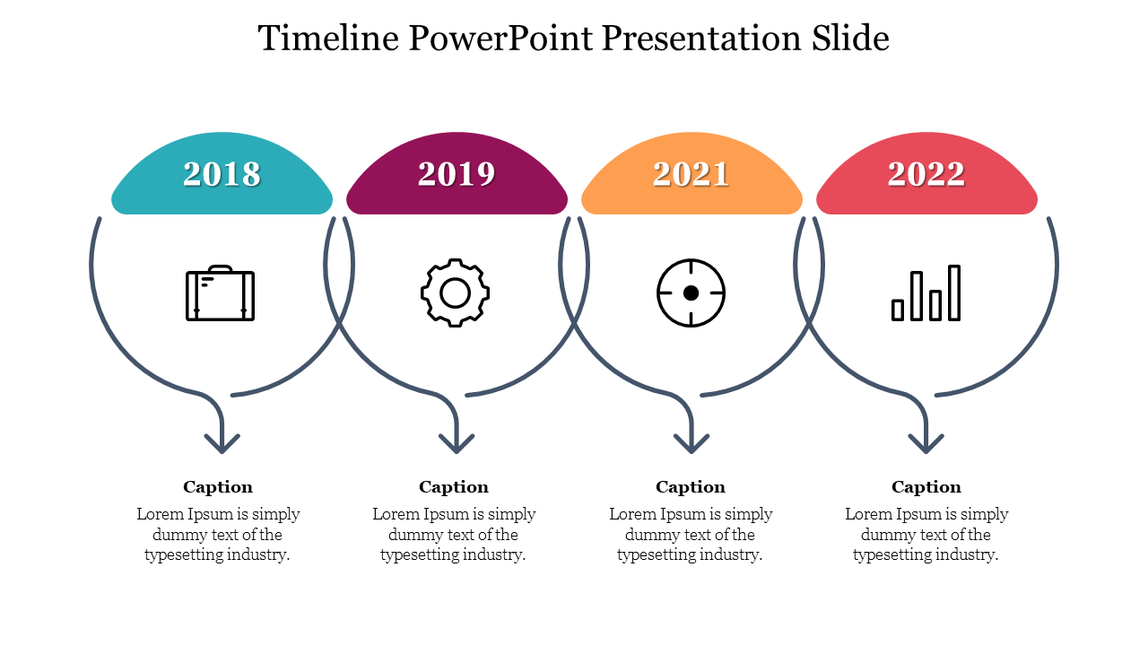 Timeline PowerPoint slide with milestones from 2018 to 2022, each year marked with an icon and a caption.