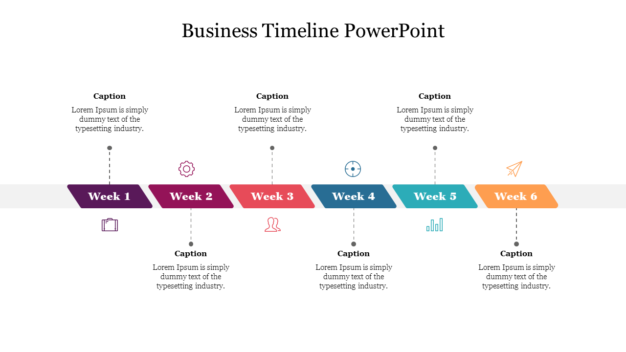 Business timeline with six colorful segments, each representing a week from 1 to 6, with icons and captions on both sides.