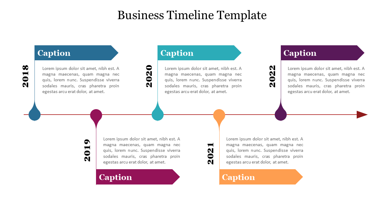 Colorful business timeline template showing years from 2018 to 2022 with caption placeholders on a white backdrop.