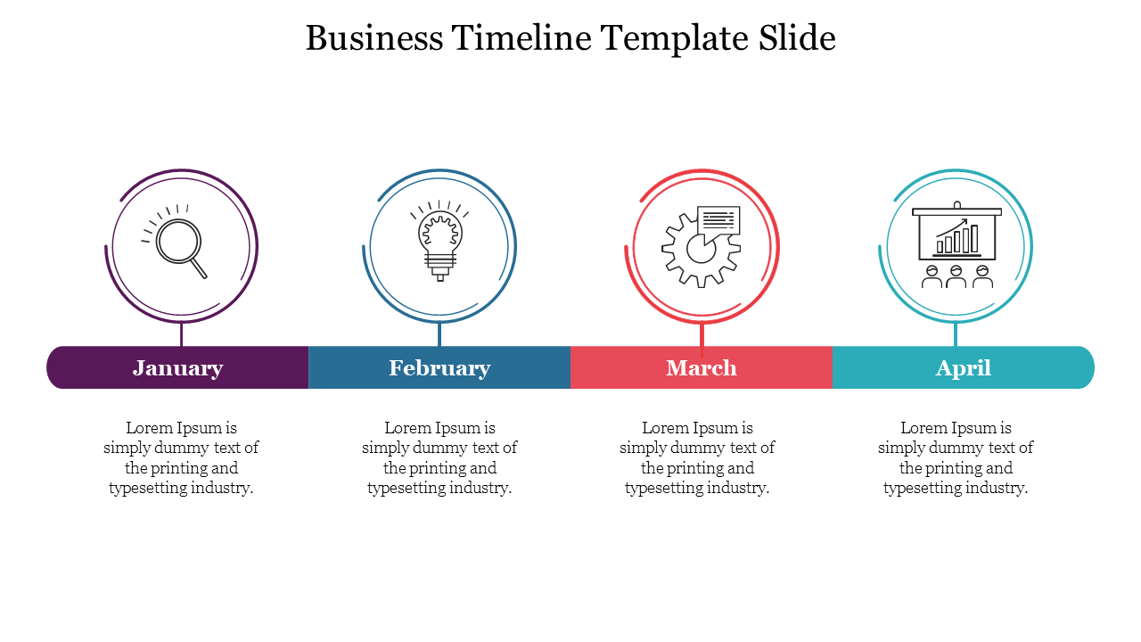 Business timeline with four markers in purple, blue, red, and teal, featuring month, with circular icons and text below.