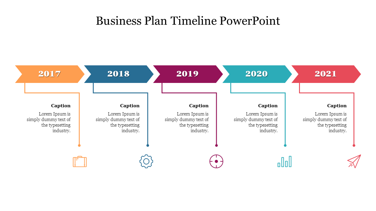 Slide featuring a business plan timeline from 2017 to 2021, with icons and sections for captions.