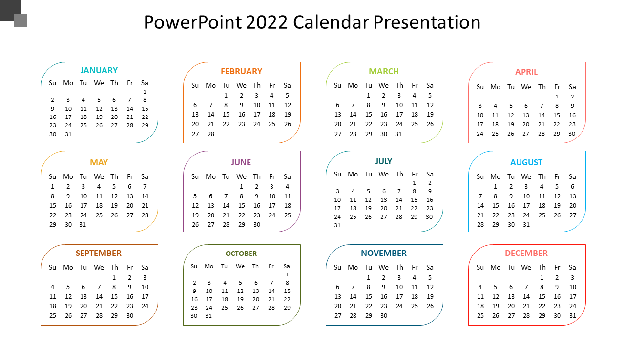 2022 calendar slide with twelve colorful month grids, each displayed in different hues with a standard weekly format.