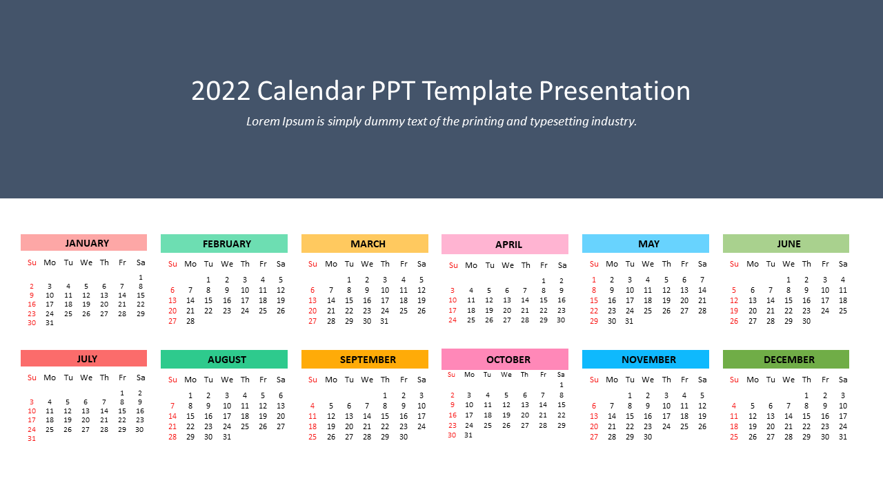 A 2022 calendar PPT template with 12 months listed in colorful blocks and grid layout.