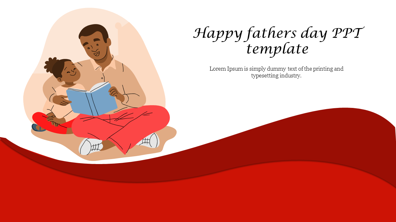 Illustration of a father and child reading a book with a red wavy design and text on a white background.