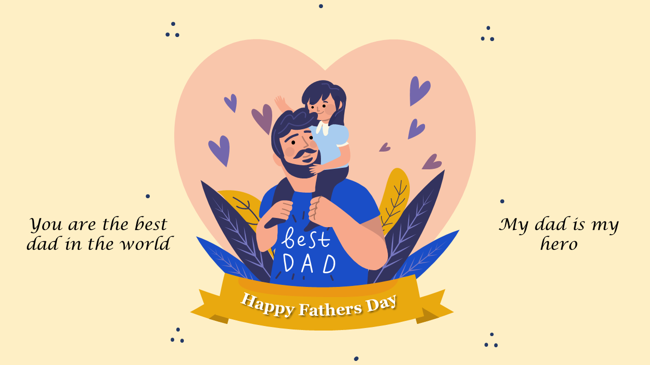 Heart shaped background with an illustration of a father and child, framed by leaves and fathers day text on a yellow ribbon.