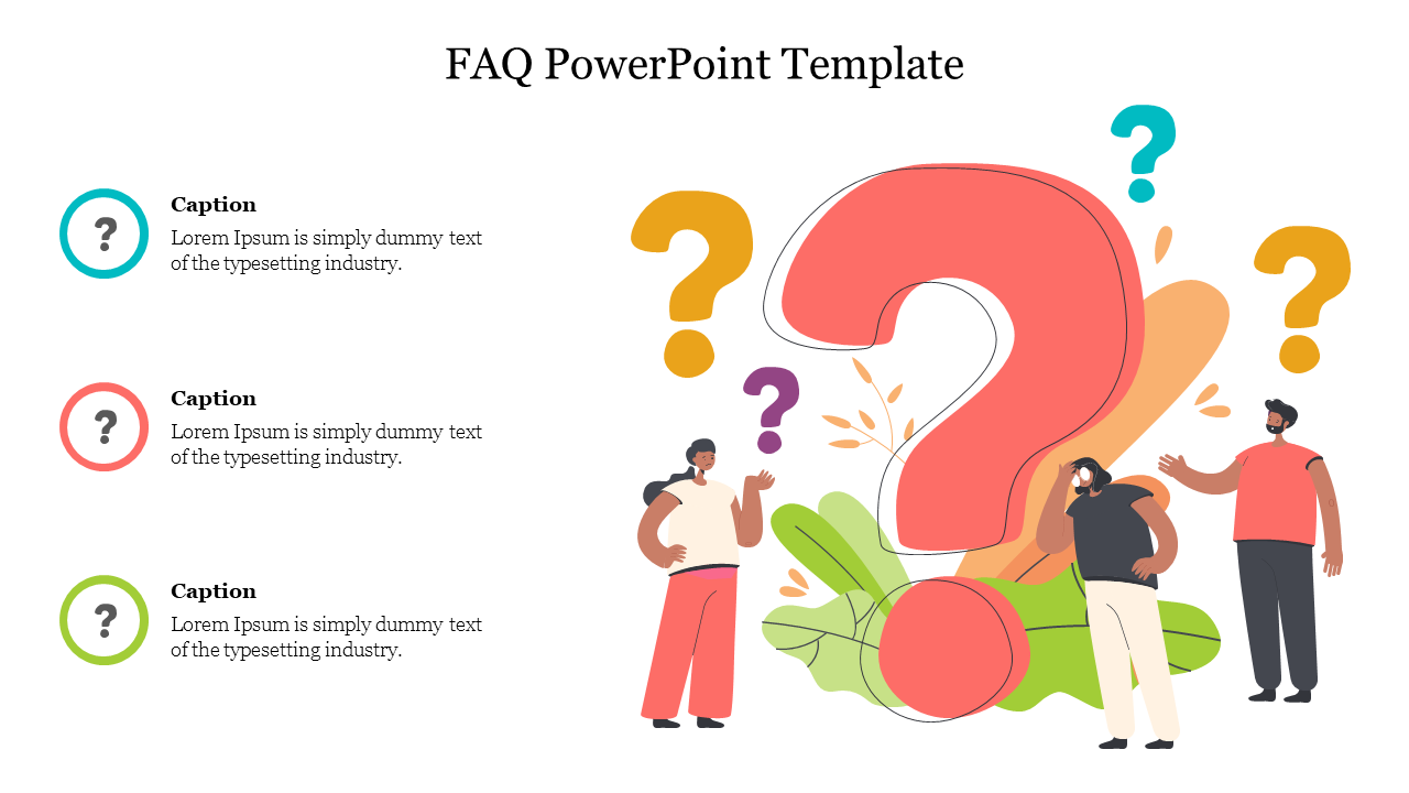 Illustration of a big red, yellow and blue question mark with people pointing at it, with three colored caption circles.