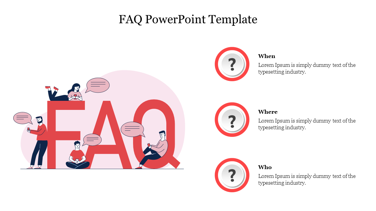 Illustrated FAQ slide featuring a large text and characters interacting with question bubbles and icons with text areas.