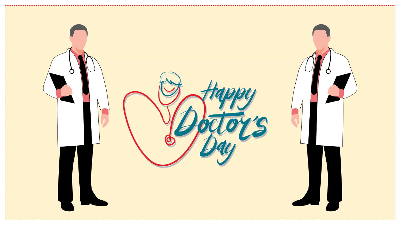 Illustrated doctors standing on either side of a happy doctor's day message with a heart shaped stethoscope.