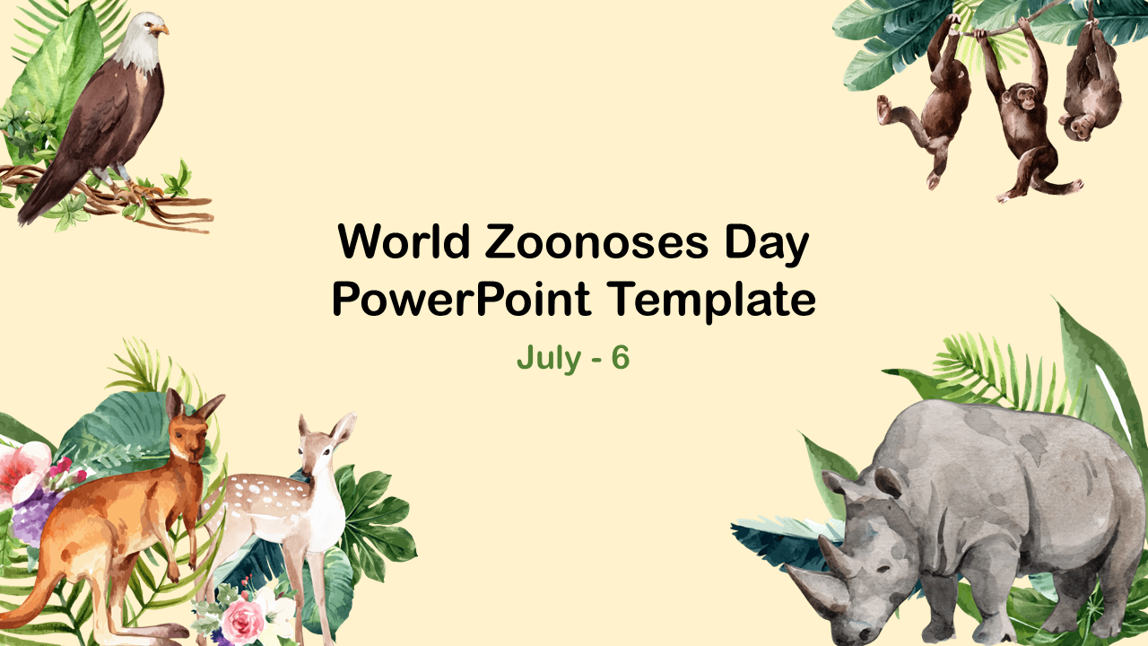 World Zoonoses day slide with animal illustrations, including an eagle, kangaroo, rhino, and monkeys, on a beige background.