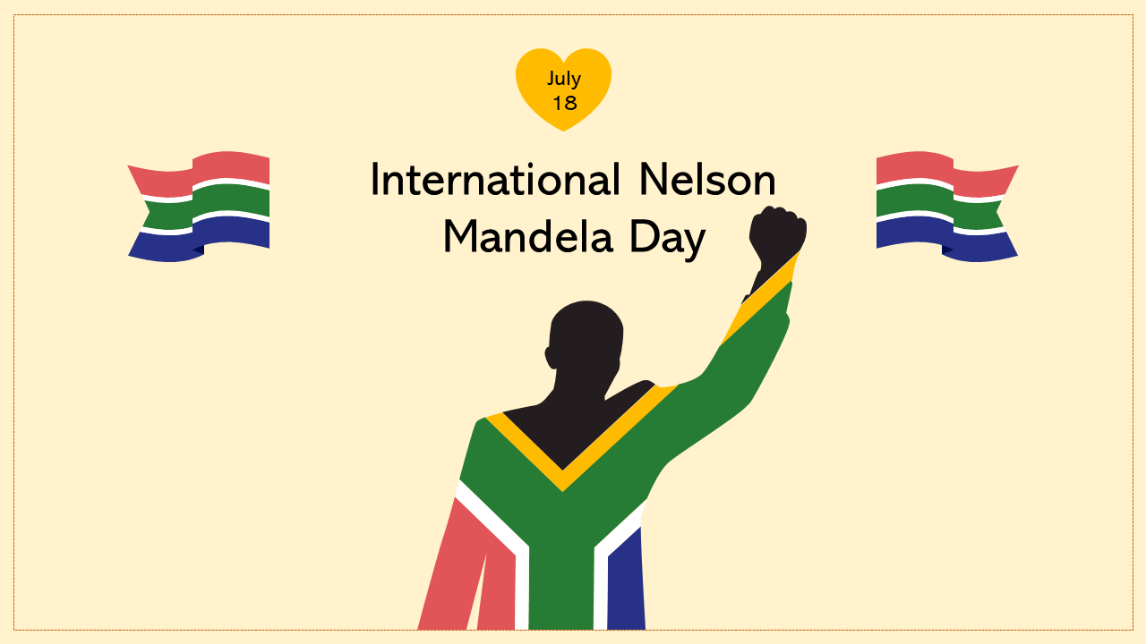 Silhouette raising a fist wrapped in the South African flag with text for Nelson Mandela Day and a heart shaped date.