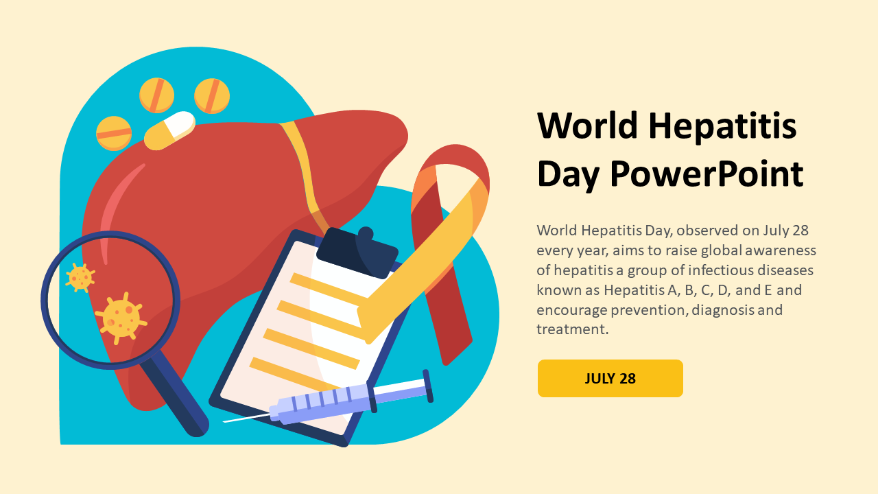 Slide for World Hepatitis day featuring a liver, syringe, clipboard, ribbon, and magnifying glass on virus symbols.