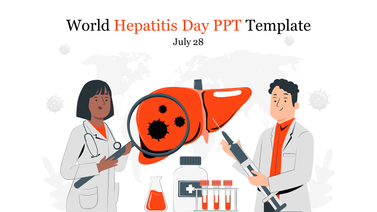 Illustration of doctors analyzing a liver with medical instruments, highlighting World Hepatitis day on July 28.