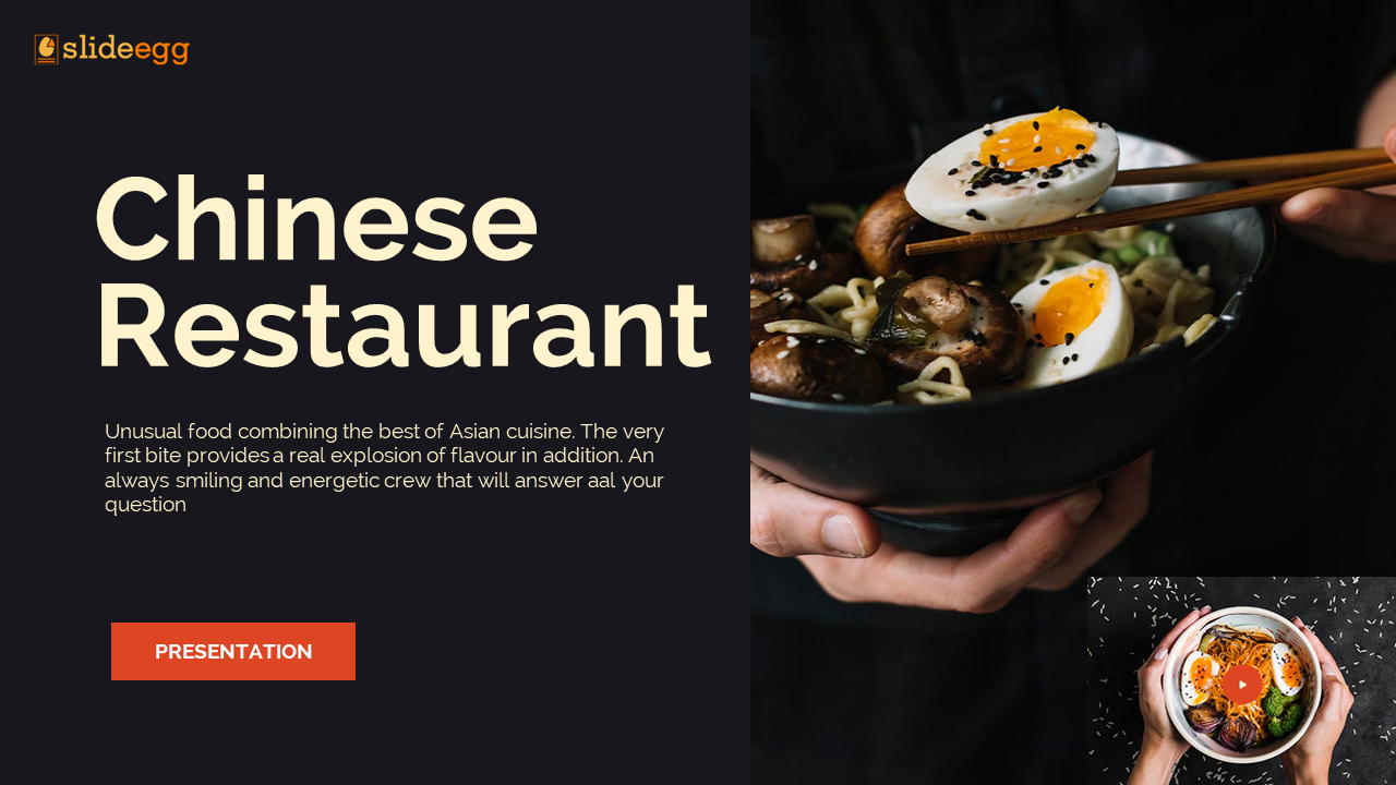 Chinese restaurant slide featuring a hand holding a bowl of noodles and egg with a chopstick, on dark background.