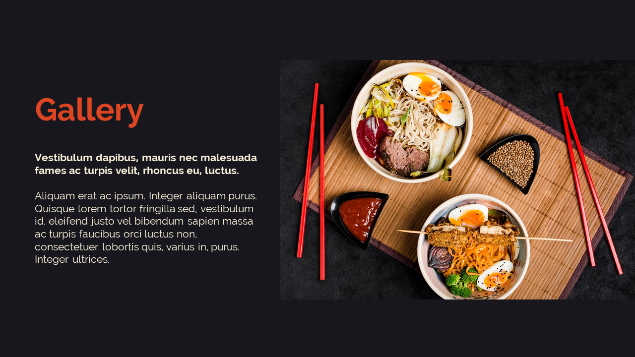 Food slide with text, and an image of two bowls of ramen with chopsticks, sauce, and sesame seeds on a bamboo mat.