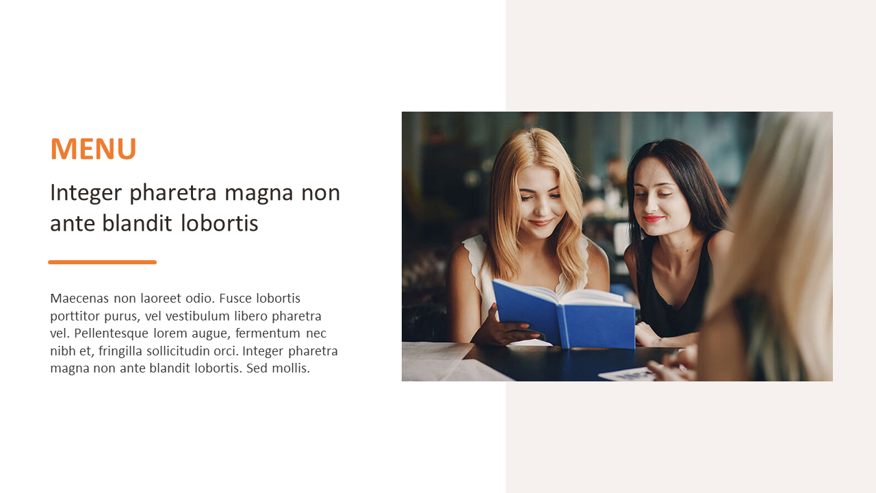 Creative PowerPoint slide featuring a menu design with text and an image of three women reading a book on a white backdrop.