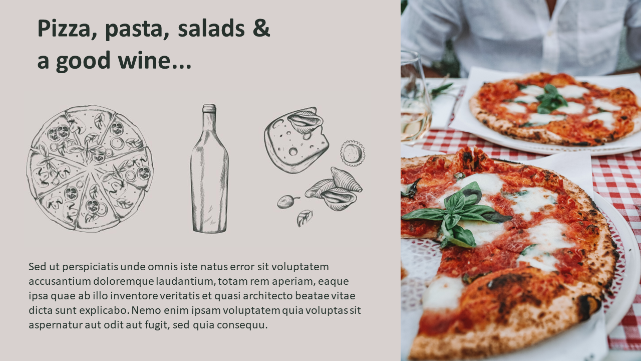 Hand-drawn pizza, wine, and ingredients, alongside a photo of a margherita pizza on a checkered tablecloth.