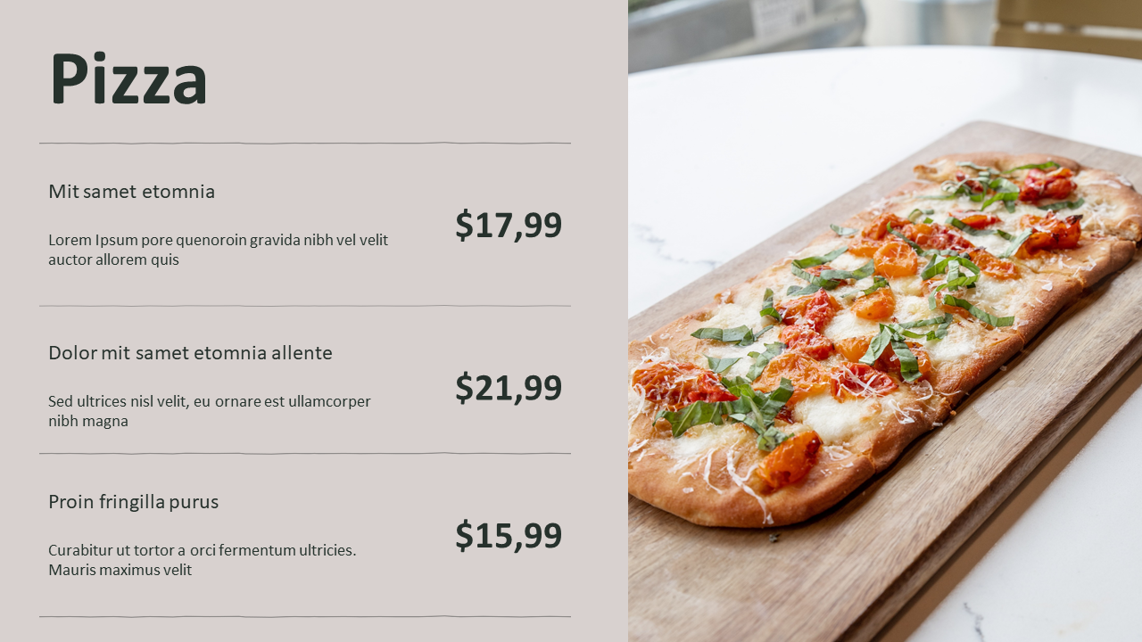 Pizza restaurant menu slide with pricing for various pizza options, featuring a flatbread pizza image on the side.