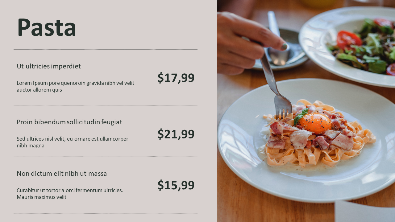 Menu layout on the left with prices, and a plate of pasta with egg and bacon on the right.