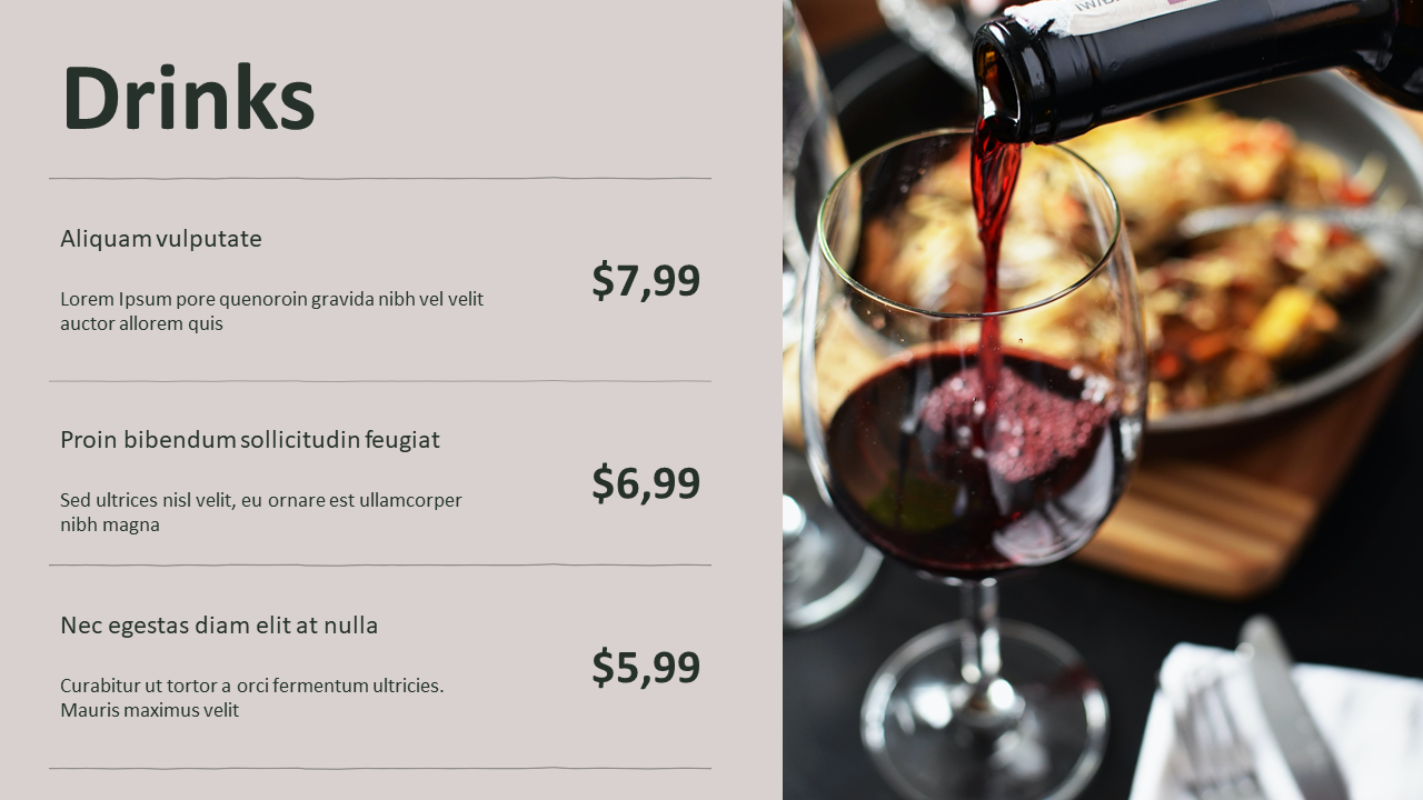 Slide with a beige background on the left, listing drink names, descriptions, and prices, alongside a wine pouring image.