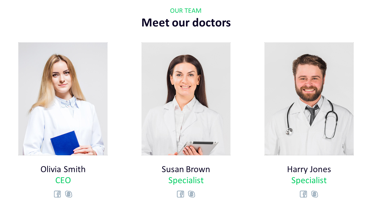 A slide showcasing a team of doctors with portraits of Olivia Smith, Susan Brown, and Harry Jones with social media icons.