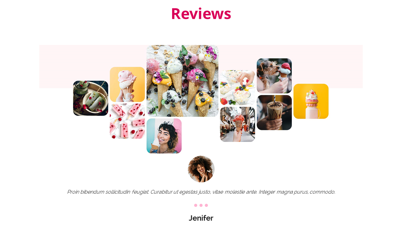 Ice cream themed image grid displaying various desserts, with a review section below highlighting customer feedback.