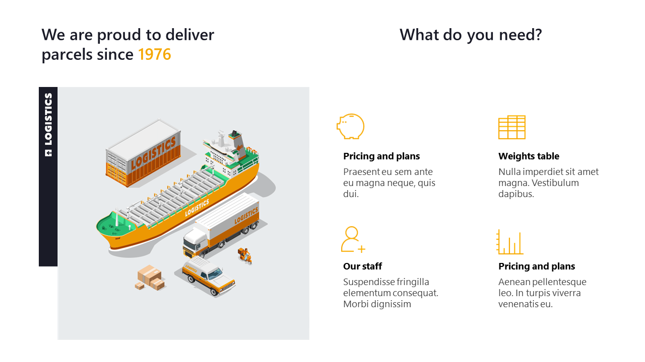 Logistics business slide featuring a 3D illustration of a cargo ship and truck, along with four sections with icons.