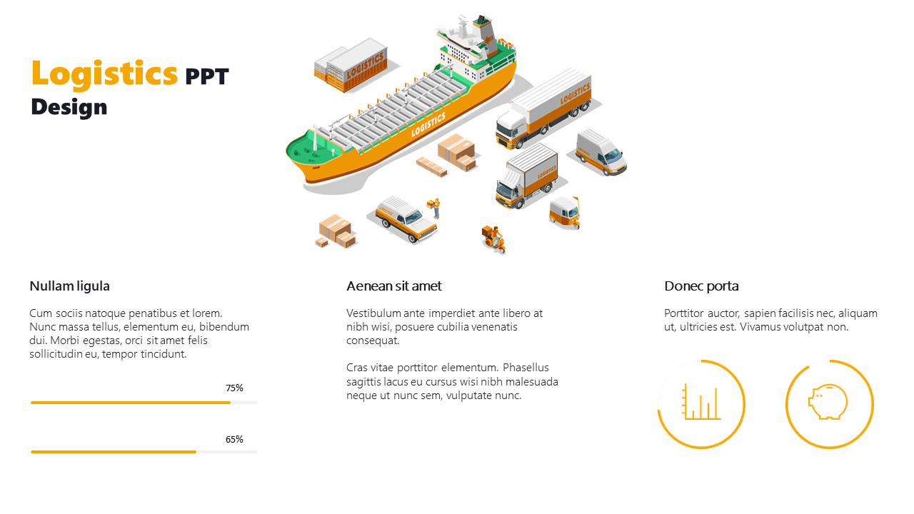 Isometric logistics illustration with a green and orange cargo ship, trucks, and packages, with three text sections.