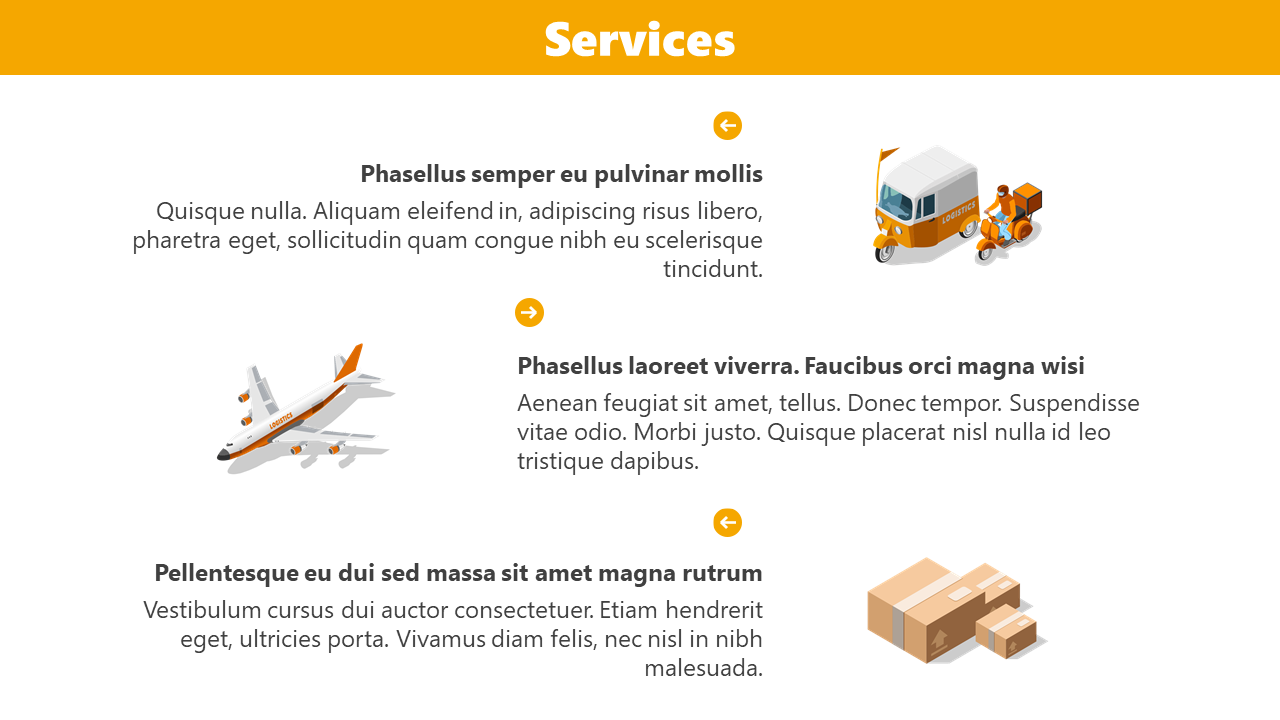 Three illustrated service options featuring a logistics truck, an airplane, and boxes with placeholder text areas.