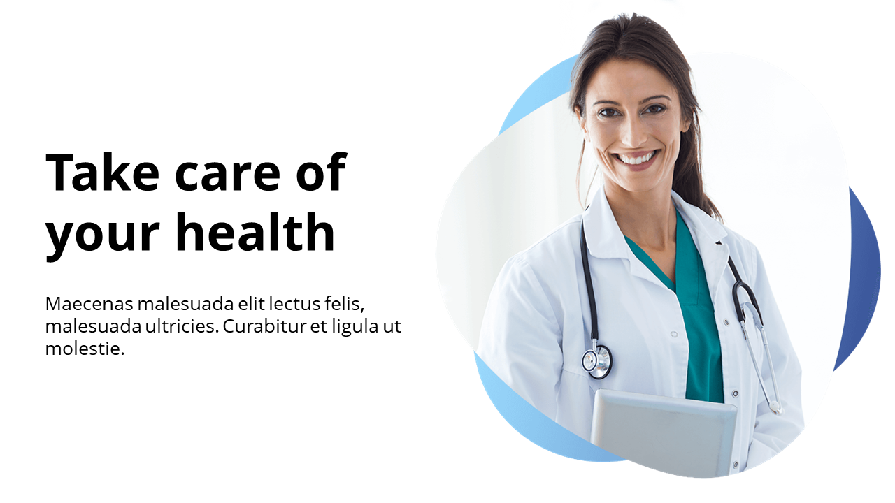 Professional health care slide featuring a smiling medical professional with a stethoscope and text description.