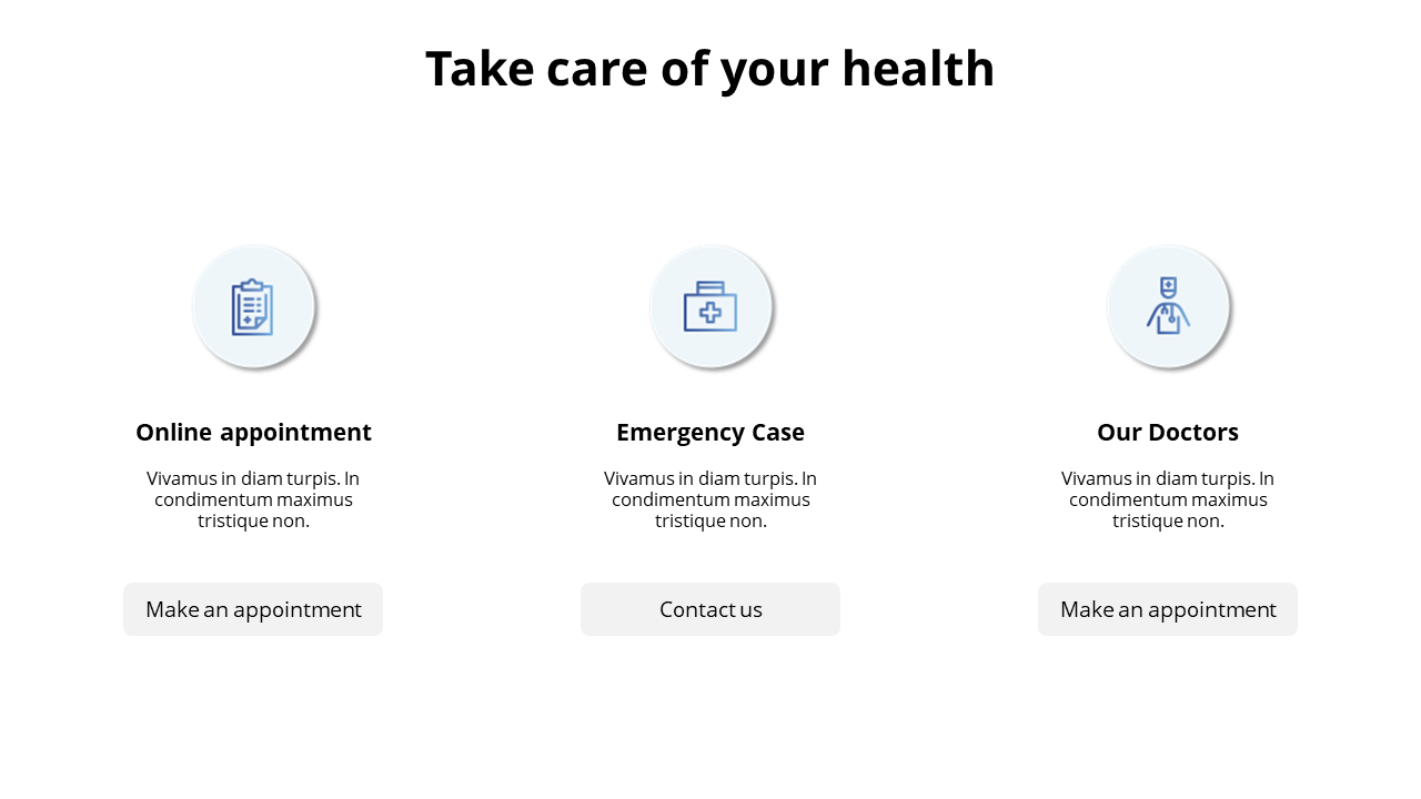 Health care slide with icons for online appointments, emergency cases, and doctor consultations under the heading with icons.