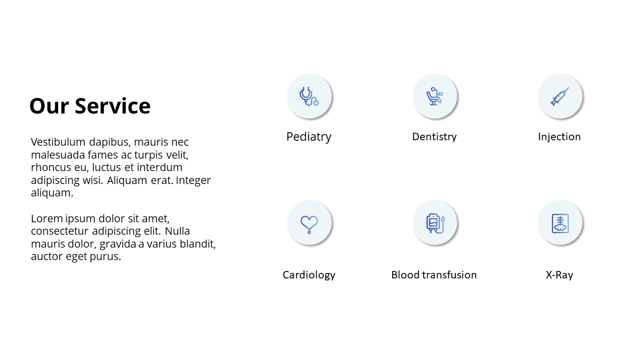 Healthcare slide with six blue icons in light circles representing services, aligned in two rows beside a text block.