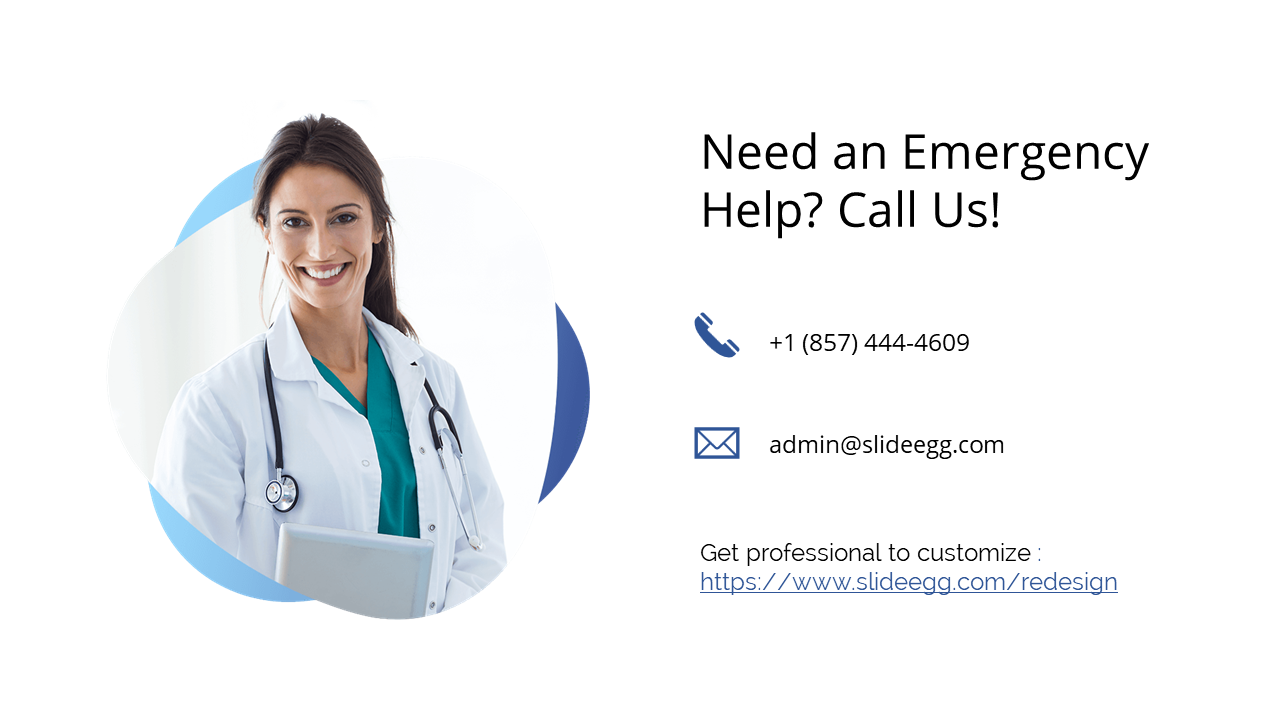 Healthcare contact slide with doctor image, emergency contact number, email, and link.