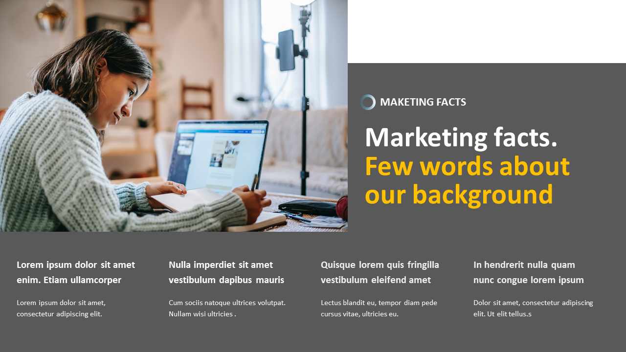 Marketing facts slide with a person working on a laptop and key background information with placeholder text.