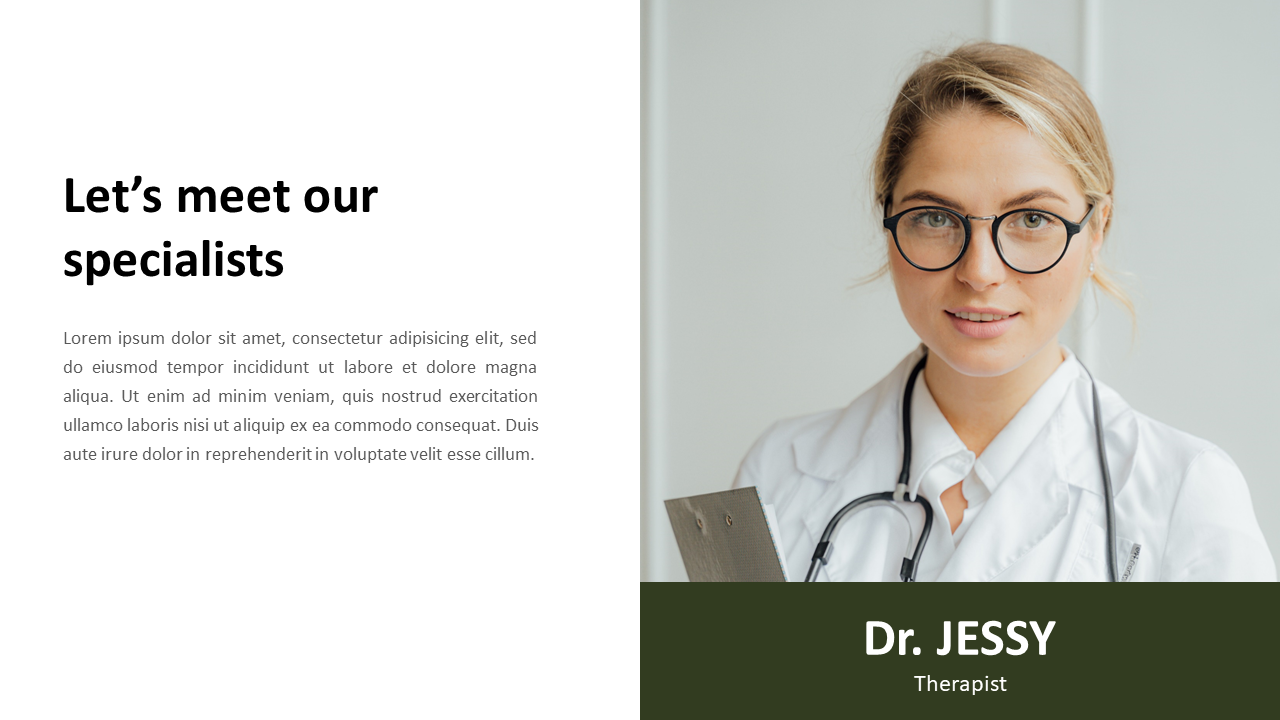 PowerPoint slide introducing Dr. Jessy, a therapist, with a professional image and description of her role.