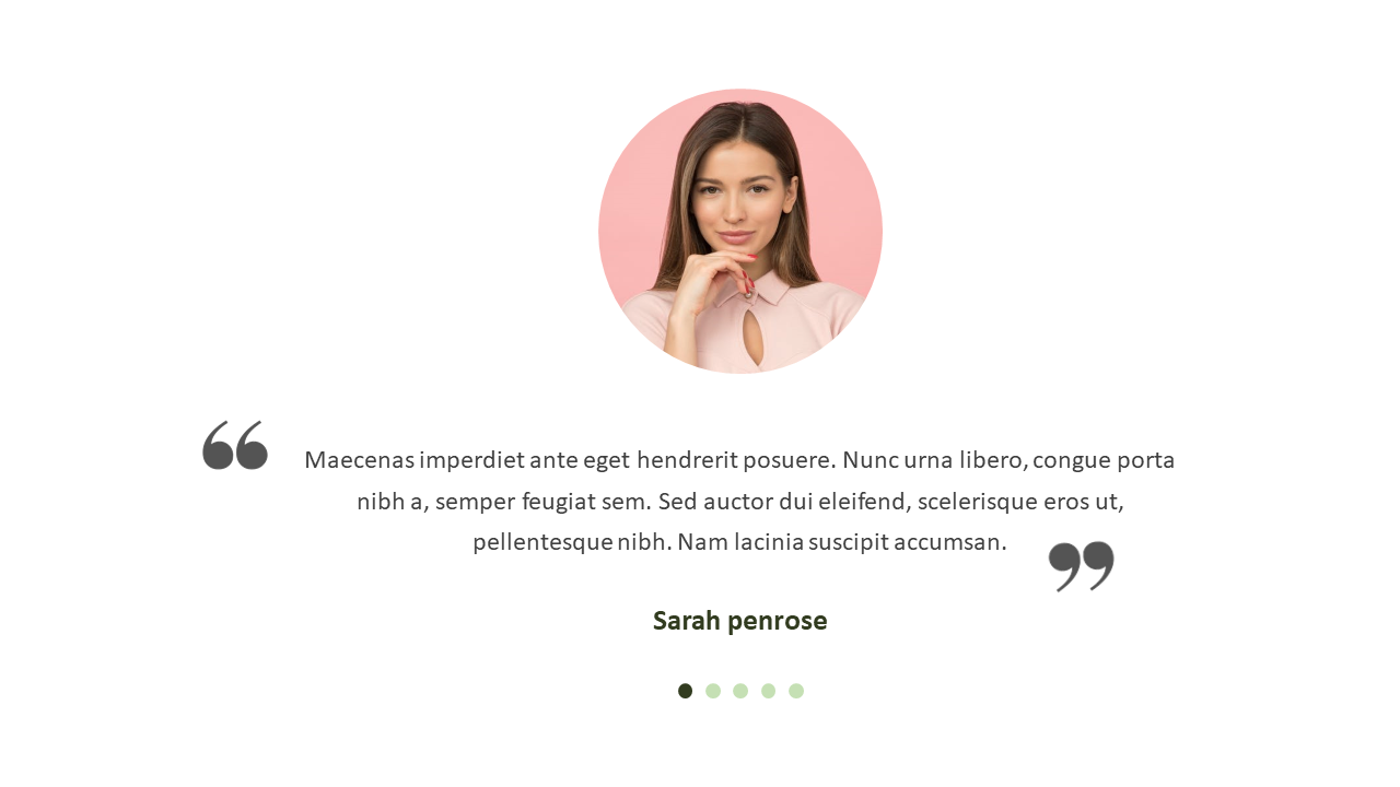 Client review slide featuring a photo of Sarah Penrose, a testimonial quote, and pagination dots for navigation.