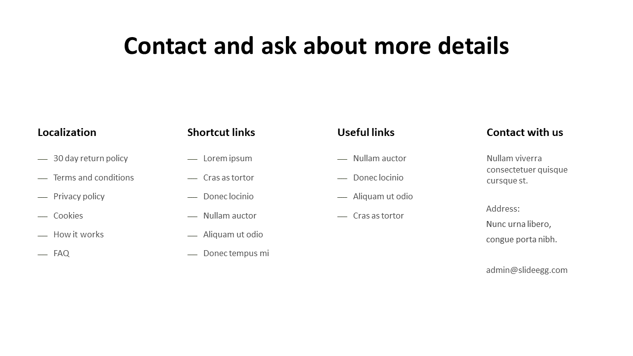 Contact page template with sections for localization, shortcut links, useful links, and contact details.