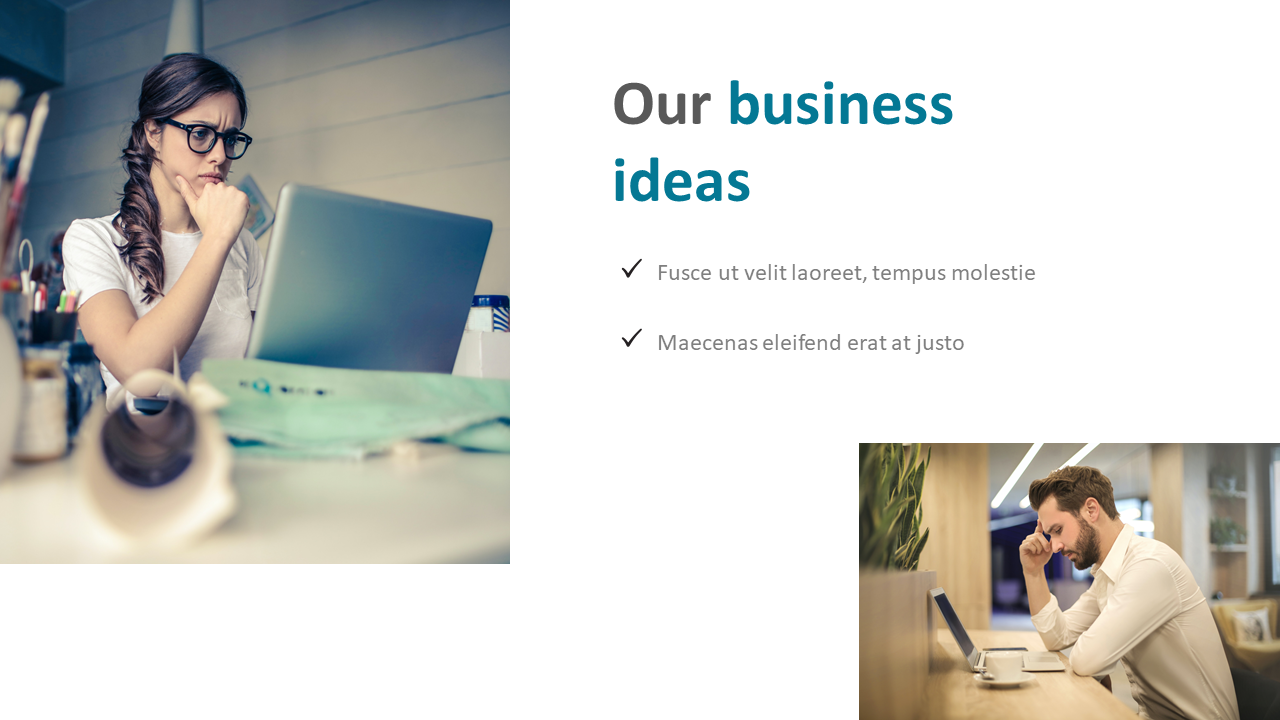 Business ideas slide with images of a woman and man thinking while working on laptops on a white backdrop.