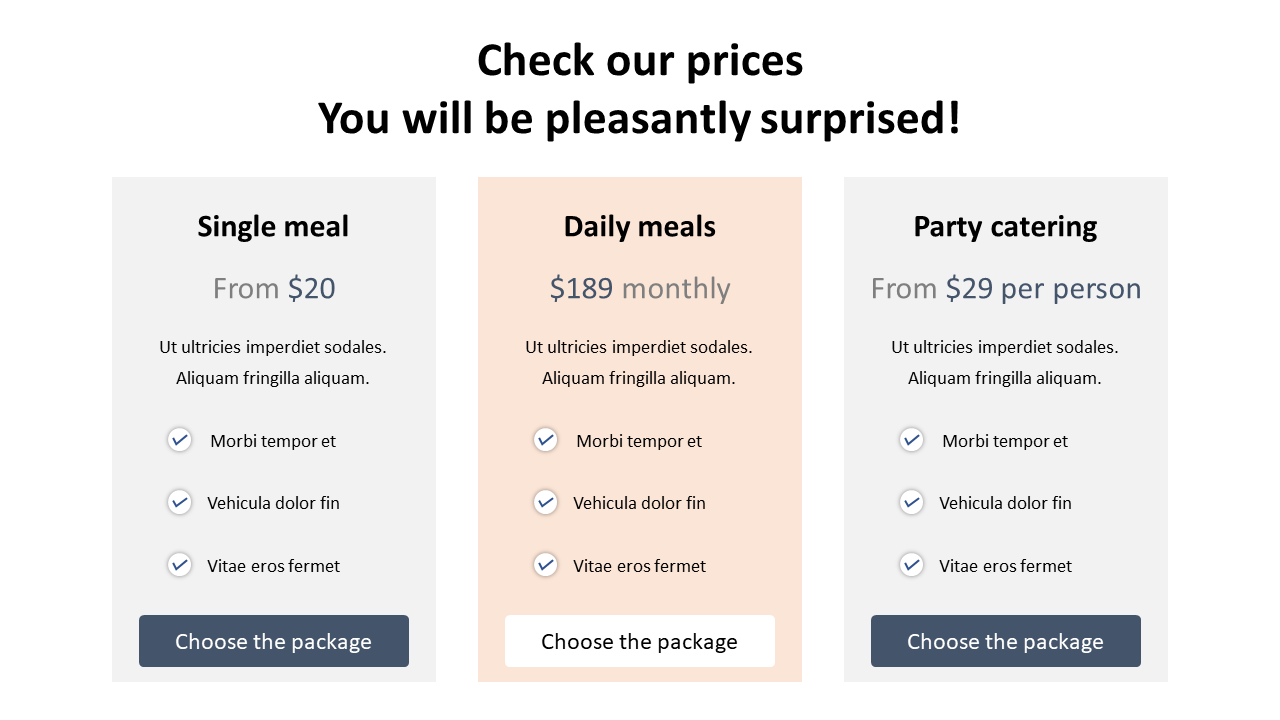 Pricing plans for catering services, including single meals, daily meal subscriptions, and party catering.